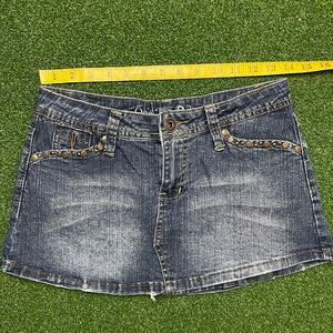 Vintage Y2K 2000s One Tuff Babe Dark Wash Low Rise Embellished Mini Skirt Sz 3/4